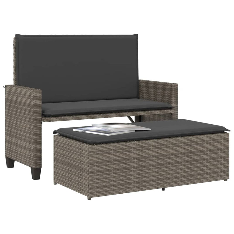 vidaXL Garden Bench with Cushions and Footstool Grey Poly Rattan
