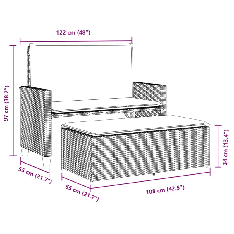 vidaXL Garden Bench with Cushions and Footstool Grey Poly Rattan