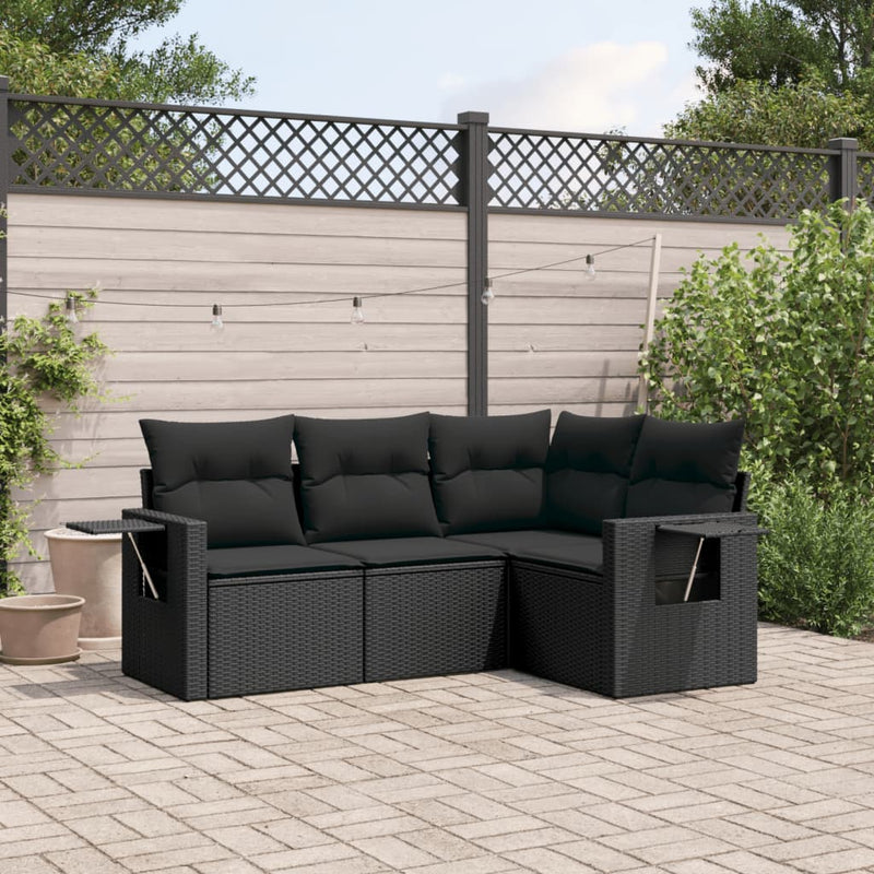 vidaXL 4 Piece Garden Sofa Set with Cushions Black Poly Rattan
