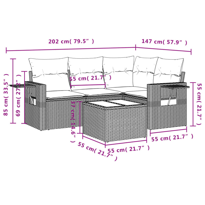 vidaXL 5 Piece Garden Sofa Set with Cushions Grey Poly Rattan