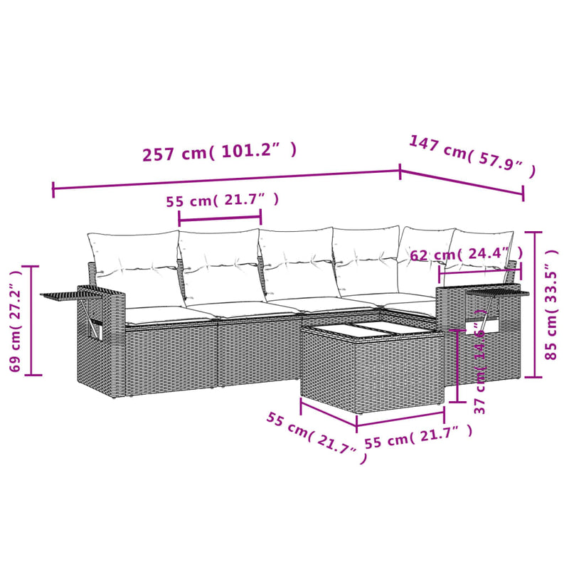 vidaXL 6 Piece Garden Sofa Set with Cushions Grey Poly Rattan