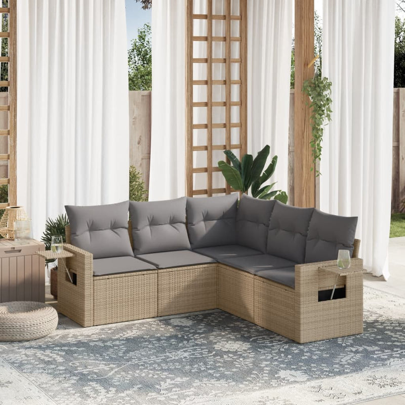 5 Piece Garden Sofa Set with Cushions Beige Poly Rattan