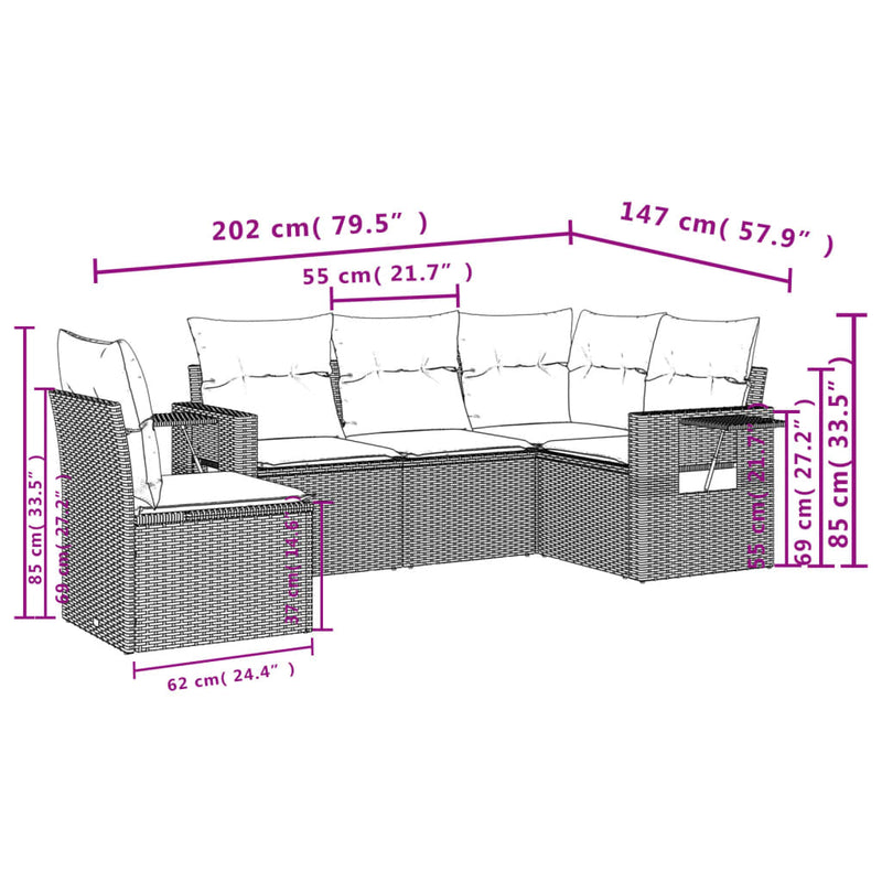 vidaXL 5 Piece Garden Sofa Set with Cushions Grey Poly Rattan