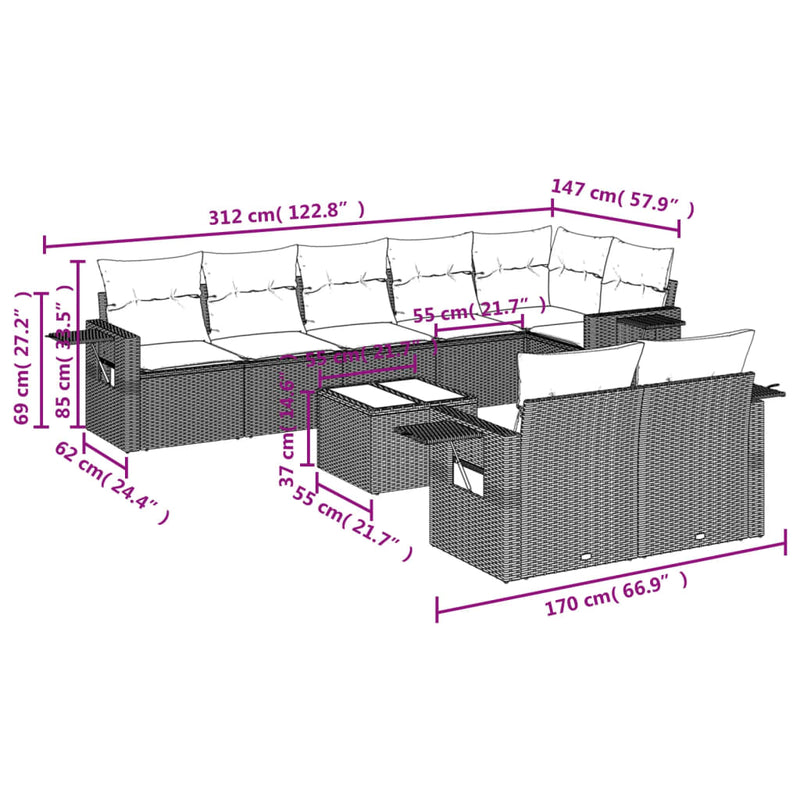 vidaXL 9 Piece Garden Sofa Set with Cushions Grey Poly Rattan
