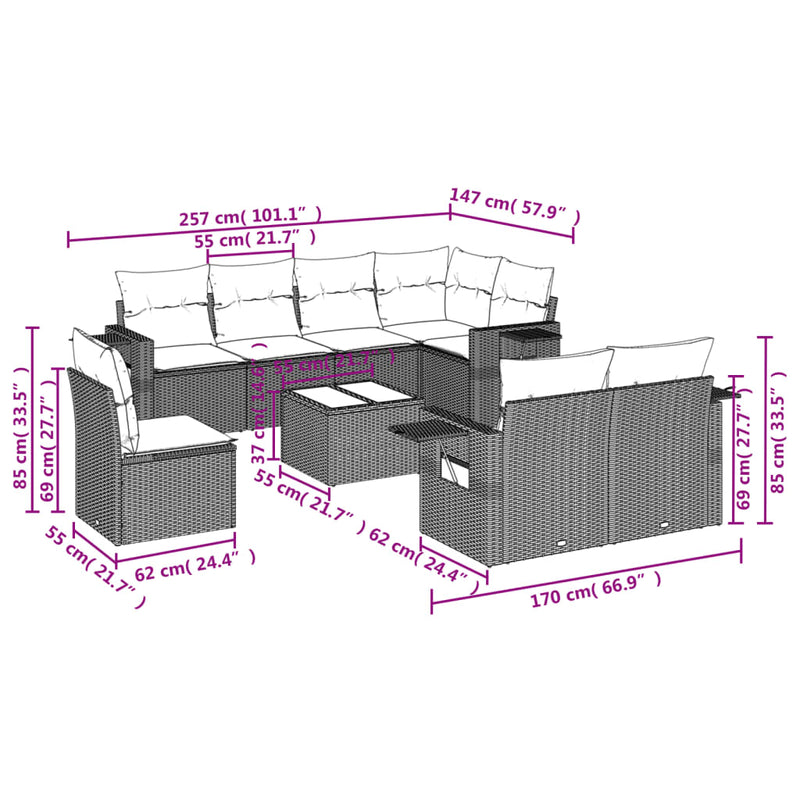 vidaXL 9 Piece Garden Sofa Set with Cushions Grey Poly Rattan