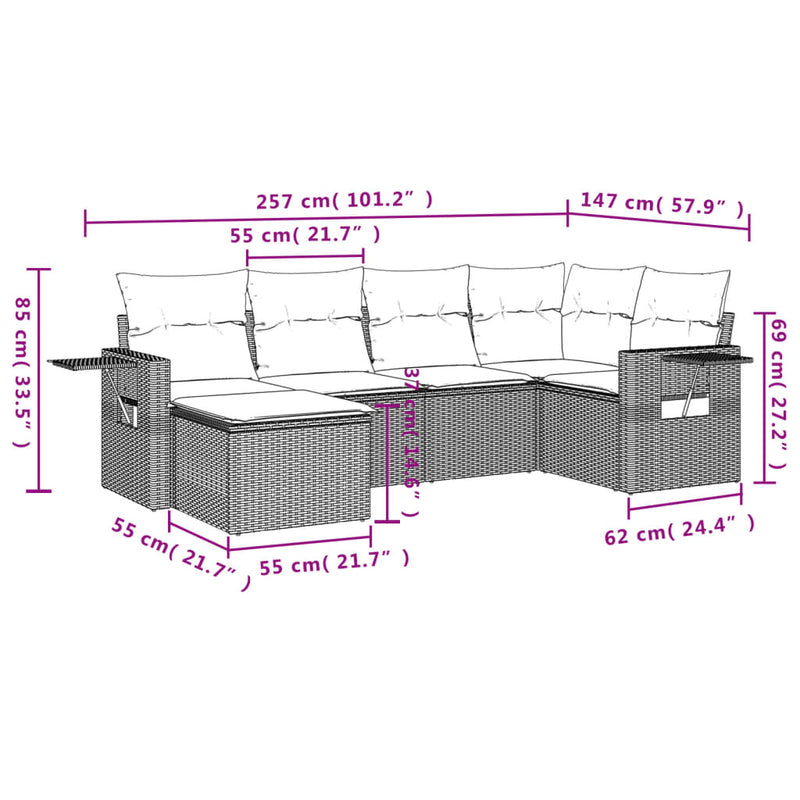vidaXL 6 Piece Garden Sofa Set with Cushions Grey Poly Rattan
