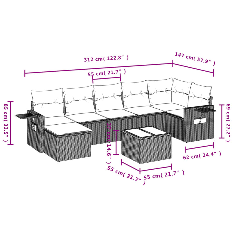 vidaXL 8 Piece Garden Sofa Set with Cushions Grey Poly Rattan