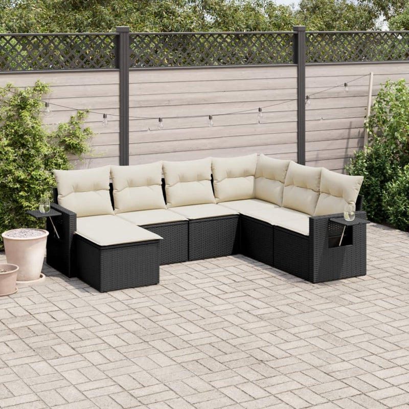 vidaXL 7 Piece Garden Sofa Set with Cushions Black Poly Rattan