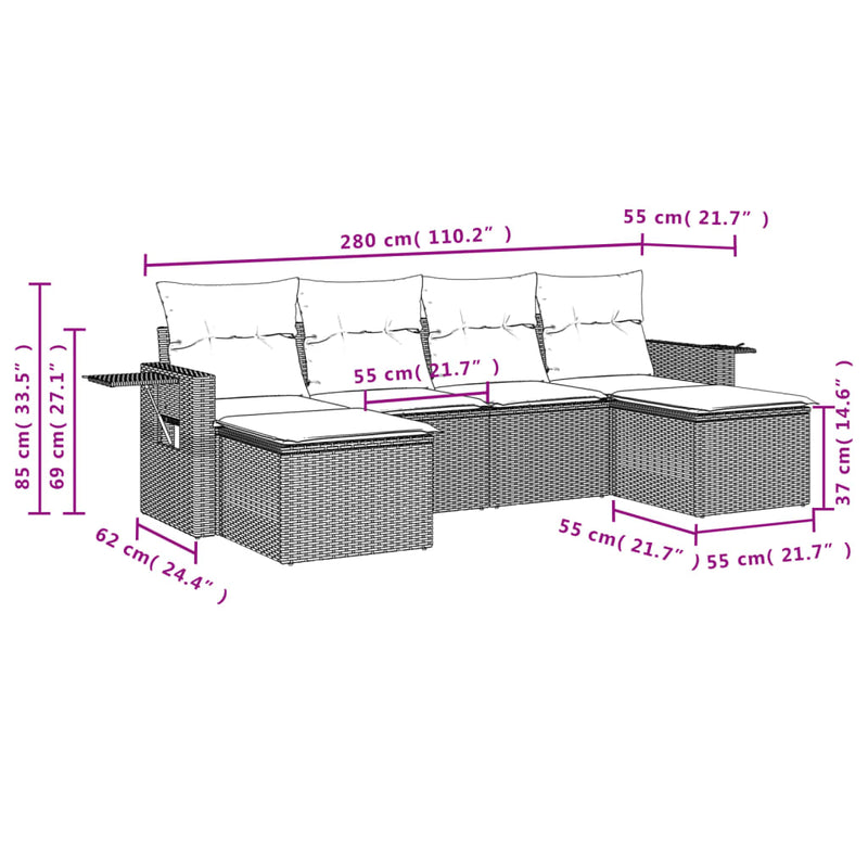 vidaXL 6 Piece Garden Sofa Set with Cushions Grey Poly Rattan