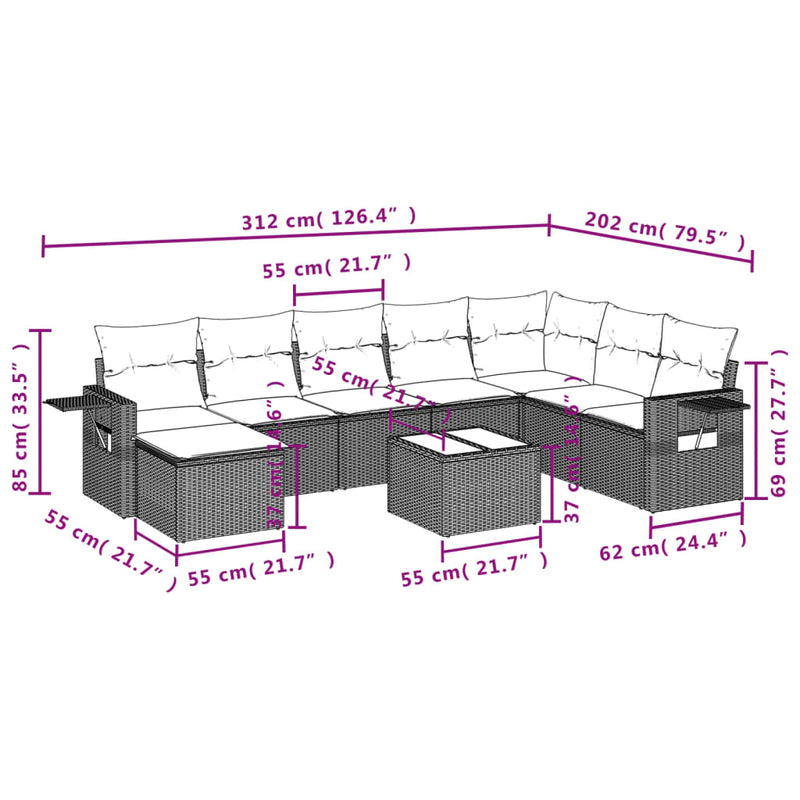 vidaXL 9 Piece Garden Sofa Set with Cushions Grey Poly Rattan