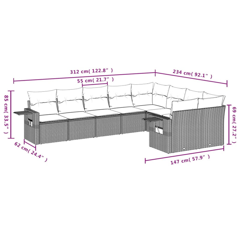 vidaXL 9 Piece Garden Sofa Set with Cushions Grey Poly Rattan