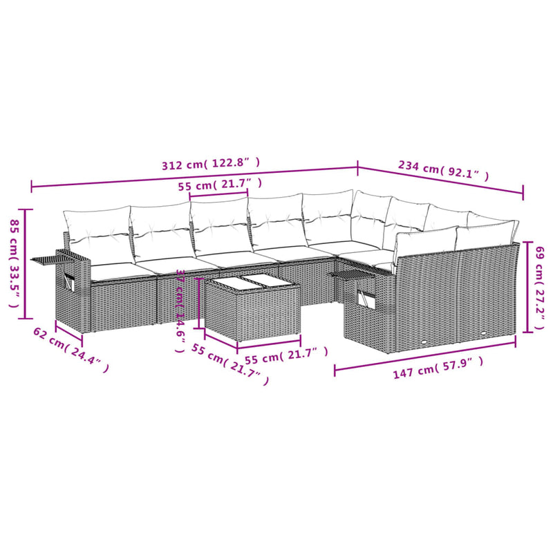 vidaXL 10 Piece Garden Sofa Set with Cushions Grey Poly Rattan