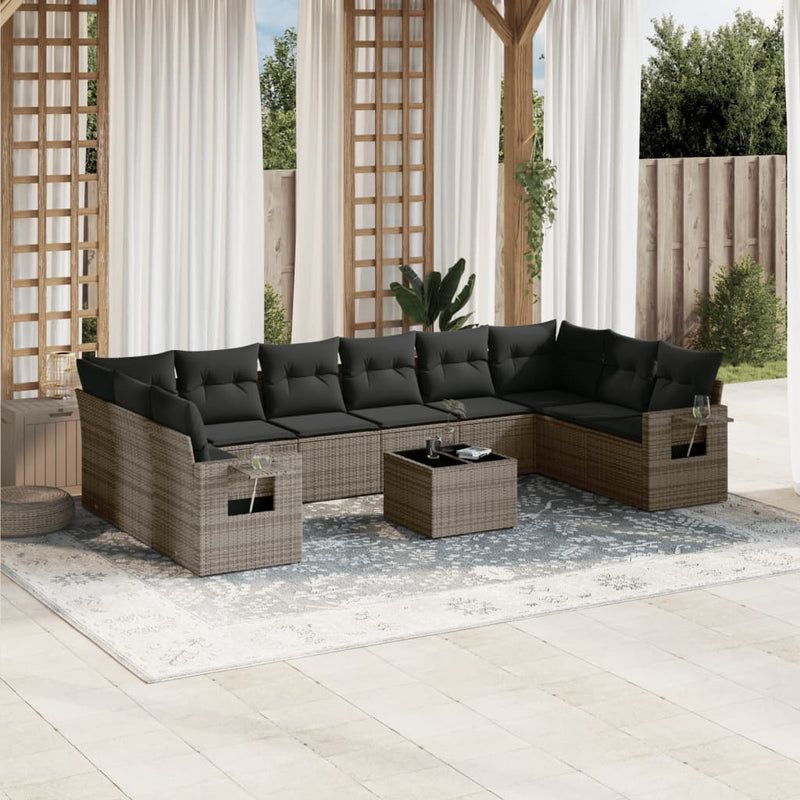 11 Piece Garden Sofa Set with Cushions Grey Poly Rattan