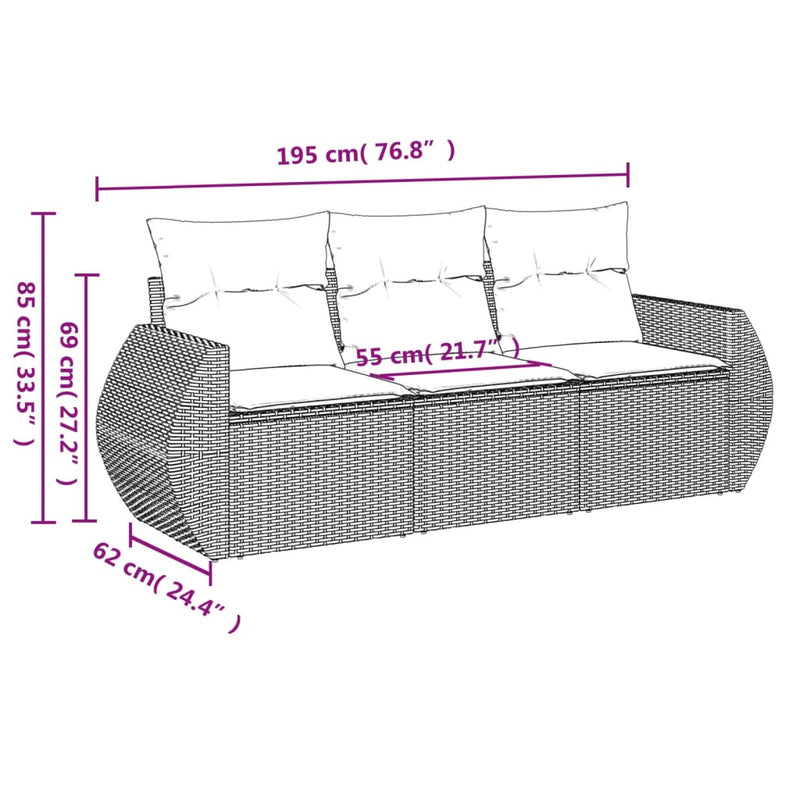 vidaXL 3 Piece Garden Sofa Set with Cushions Grey Poly Rattan