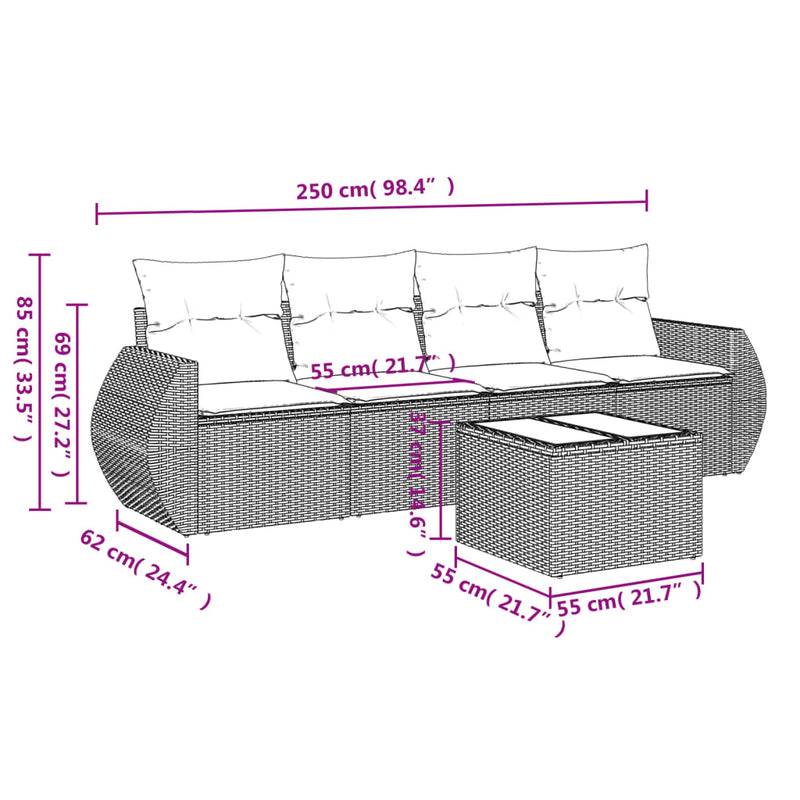 5 Piece Garden Sofa Set with Cushions Grey Poly Rattan