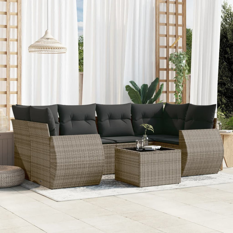 7 Piece Garden Sofa Set with Cushions Grey Poly Rattan