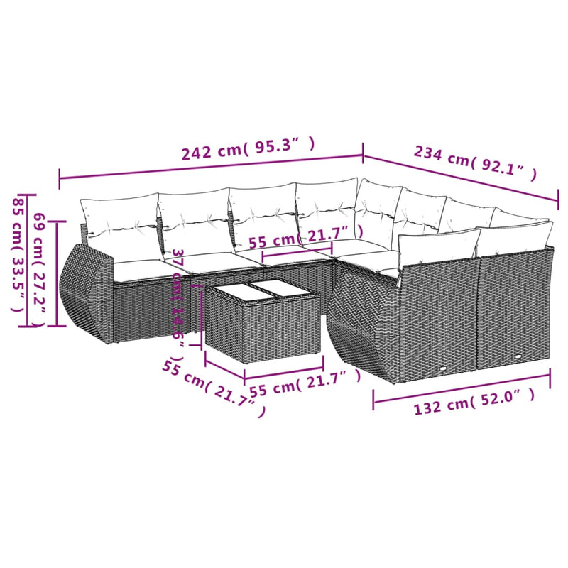 vidaXL 9 Piece Garden Sofa Set with Cushions Grey Poly Rattan