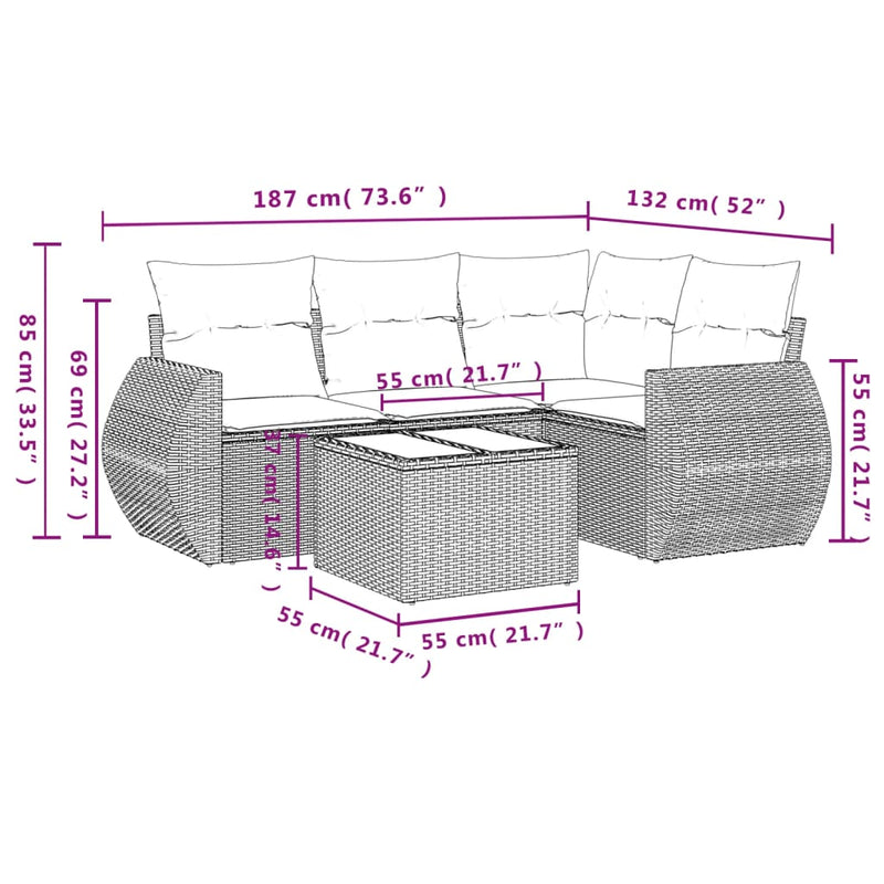 vidaXL 5 Piece Garden Sofa Set with Cushions Grey Poly Rattan
