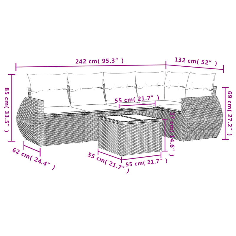 vidaXL 6 Piece Garden Sofa Set with Cushions Grey Poly Rattan