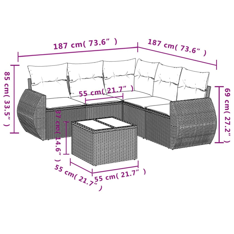 vidaXL 6 Piece Garden Sofa Set with Cushions Grey Poly Rattan