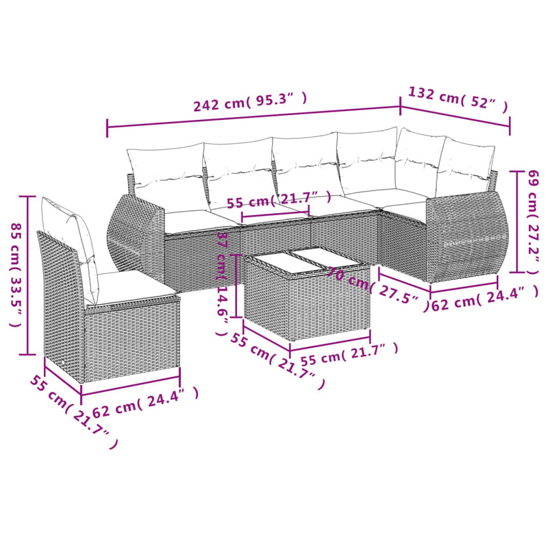 vidaXL 7 Piece Garden Sofa Set with Cushions Grey Poly Rattan