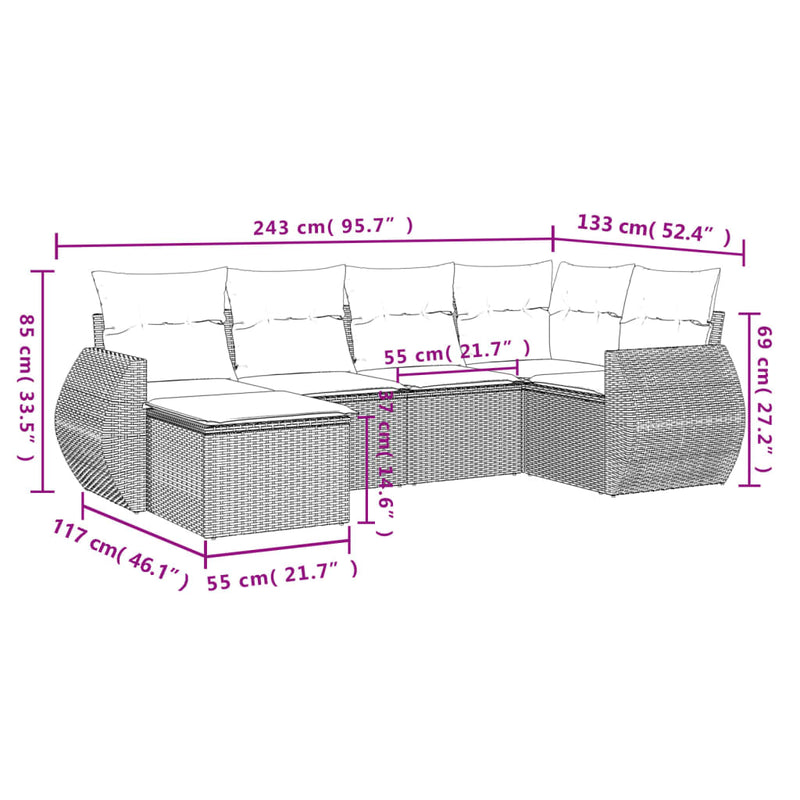 vidaXL 6 Piece Garden Sofa Set with Cushions Grey Poly Rattan