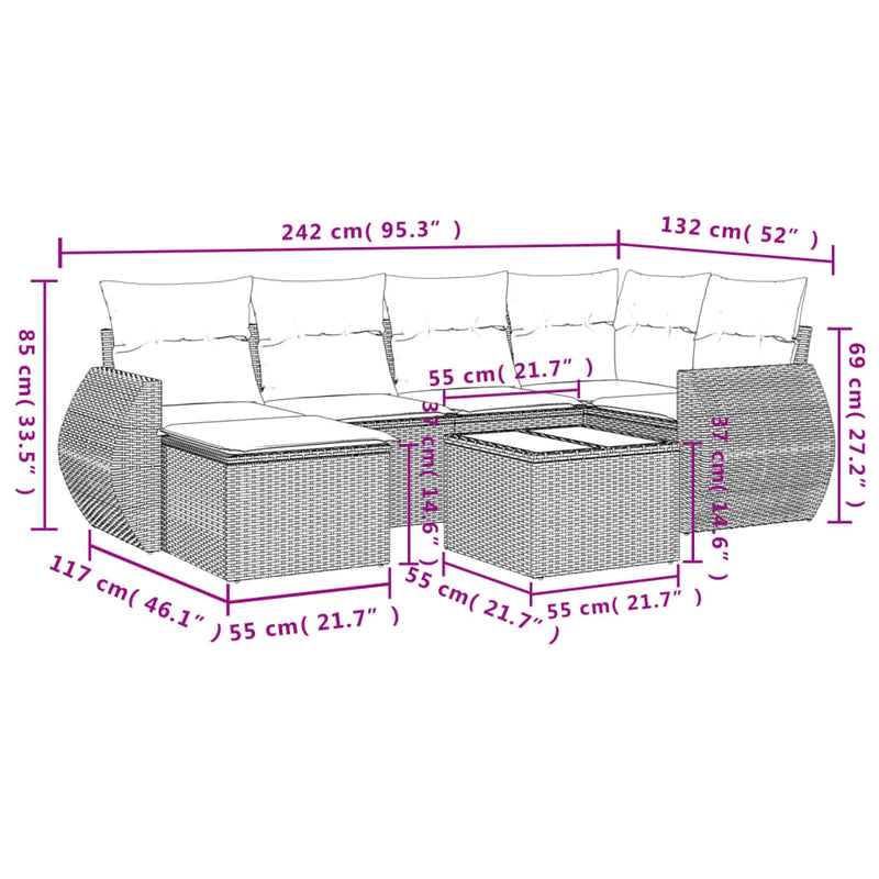 7 Piece Garden Sofa Set with Cushions Grey Poly Rattan