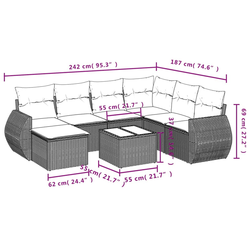 vidaXL 8 Piece Garden Sofa Set with Cushions Grey Poly Rattan