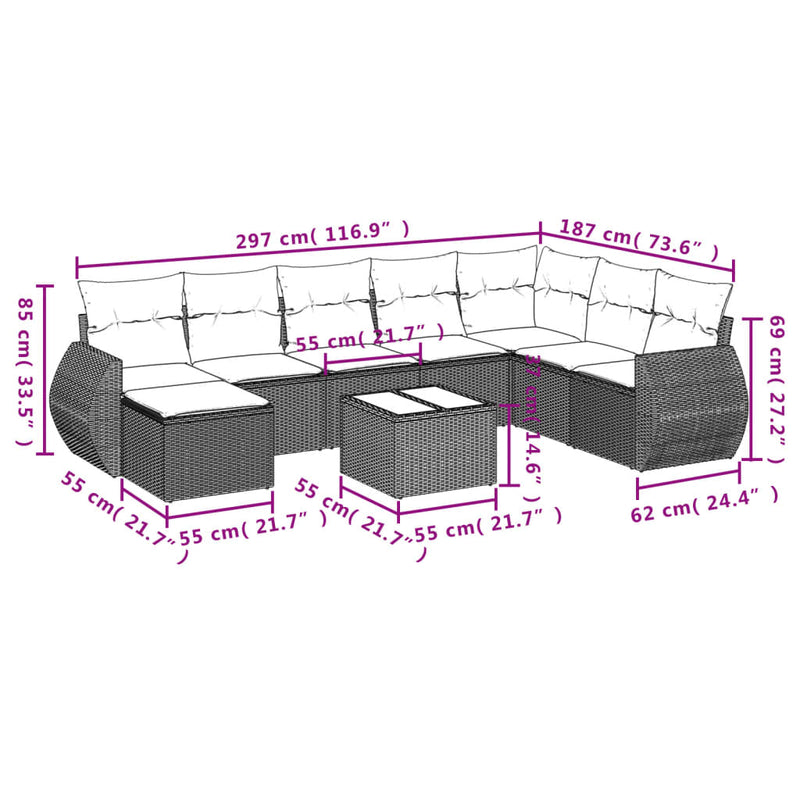 vidaXL 9 Piece Garden Sofa Set with Cushions Grey Poly Rattan