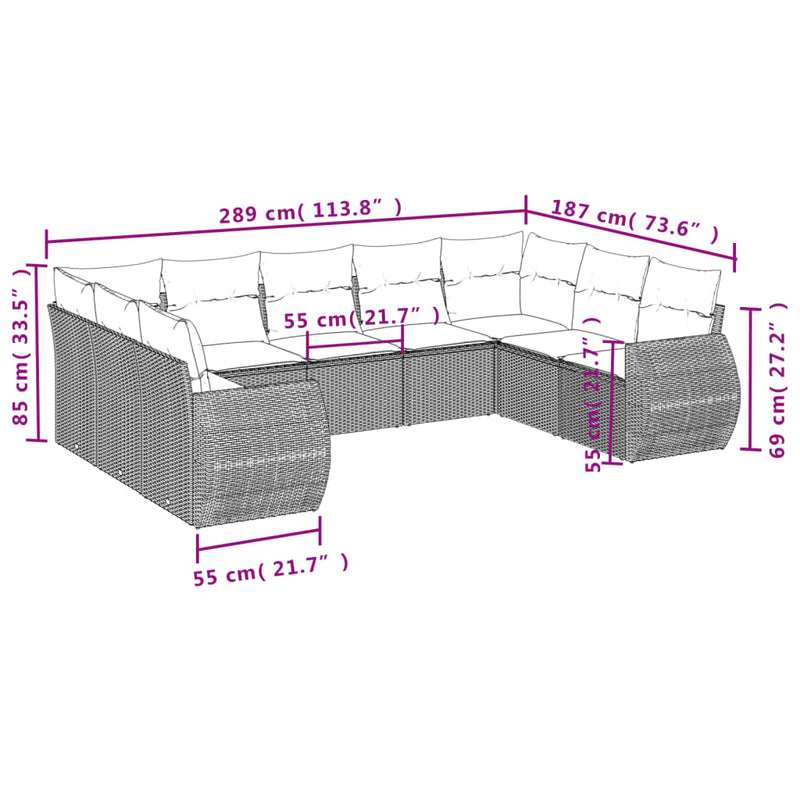 vidaXL 9 Piece Garden Sofa Set with Cushions Grey Poly Rattan