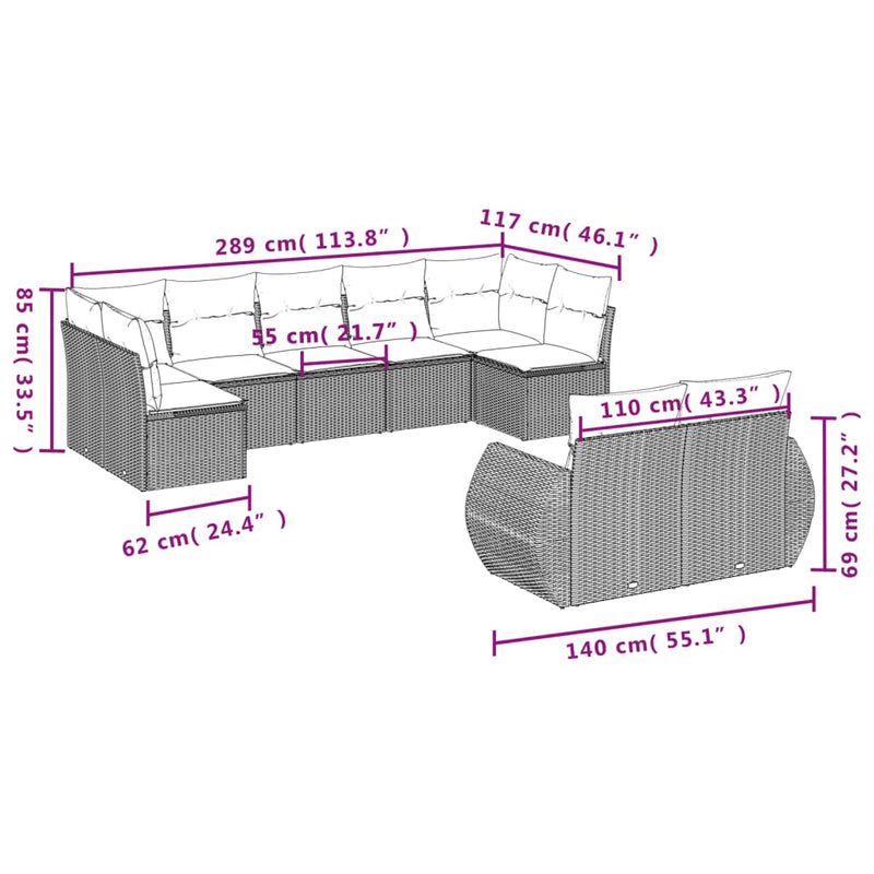 9 Piece Garden Sofa Set with Cushions Grey Poly Rattan