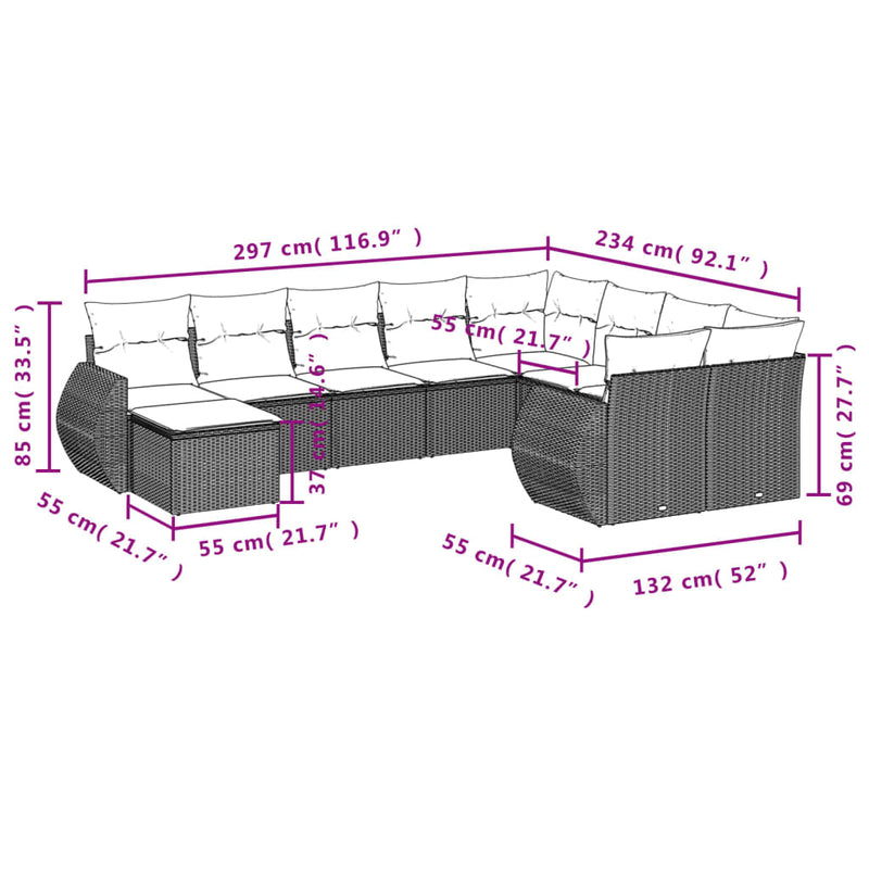 vidaXL 10 Piece Garden Sofa Set with Cushions Grey Poly Rattan