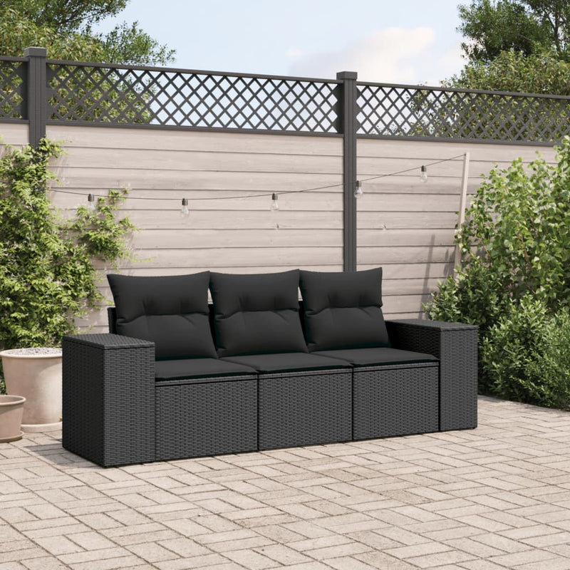 vidaXL 3 Piece Garden Sofa Set with Cushions Black Poly Rattan