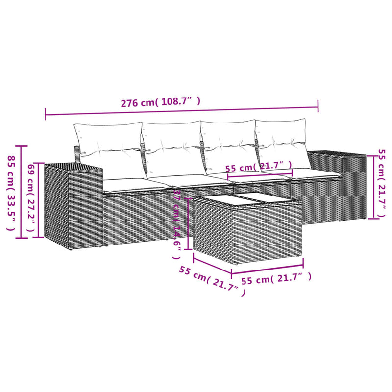 5 Piece Garden Sofa Set with Cushions Grey Poly Rattan