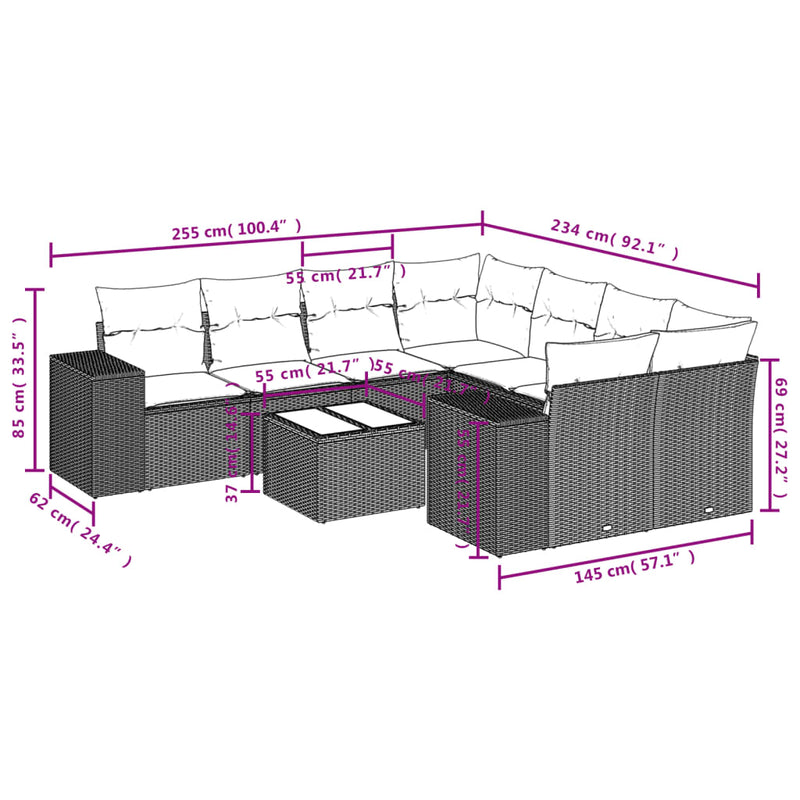 vidaXL 9 Piece Garden Sofa Set with Cushions Black Poly Rattan
