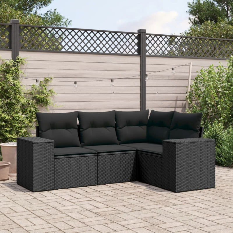 vidaXL 4 Piece Garden Sofa Set with Cushions Black Poly Rattan