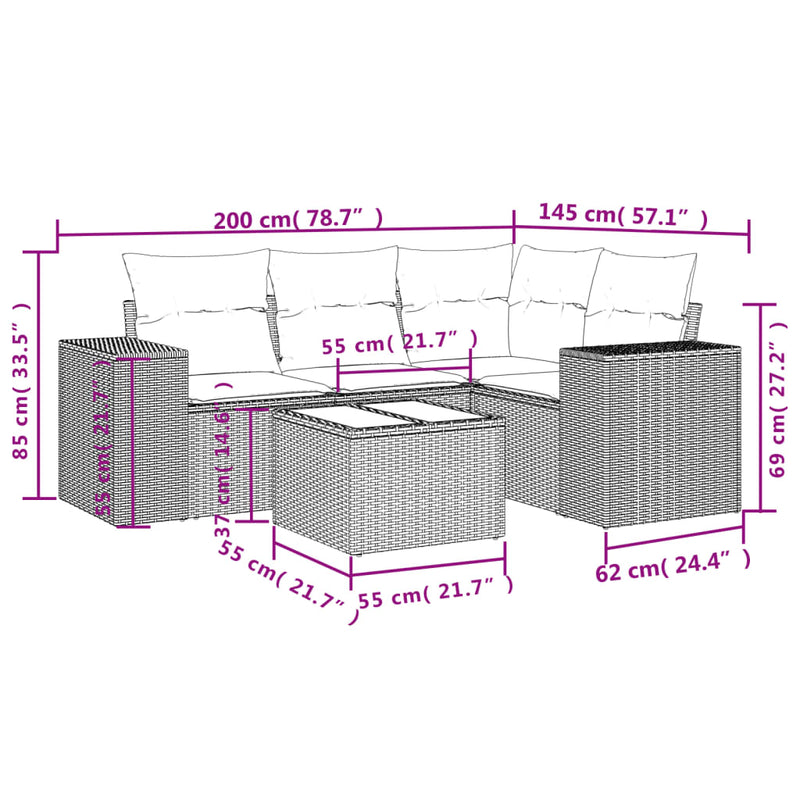 vidaXL 5 Piece Garden Sofa Set with Cushions Black Poly Rattan