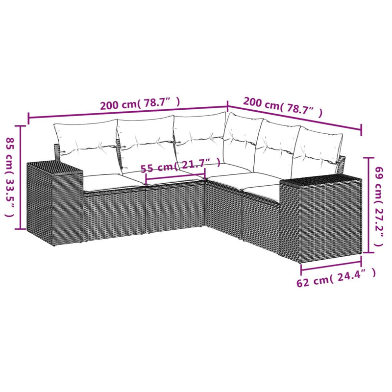 5 Piece Garden Sofa Set with Cushions Grey Poly Rattan