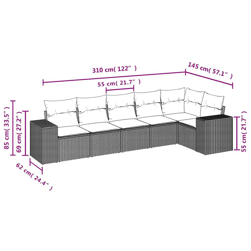 6 Piece Garden Sofa Set with Cushions Grey Poly Rattan