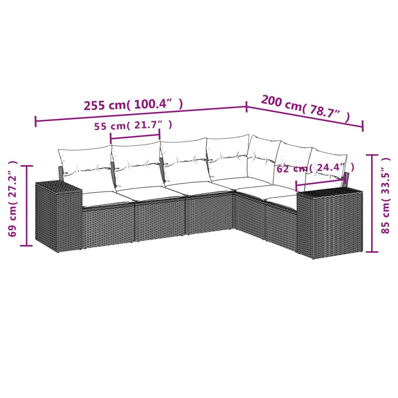 vidaXL 6 Piece Garden Sofa Set with Cushions Black Poly Rattan