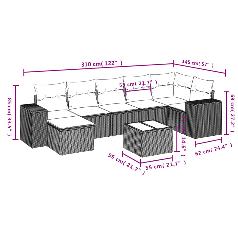 vidaXL 8 Piece Garden Sofa Set with Cushions Black Poly Rattan