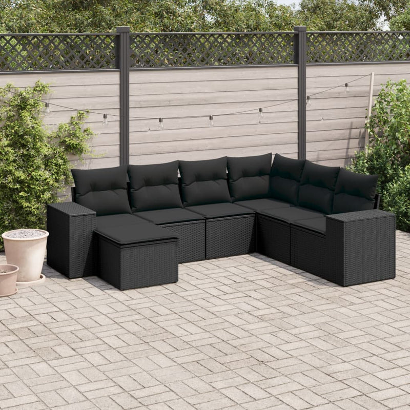 vidaXL 7 Piece Garden Sofa Set with Cushions Black Poly Rattan