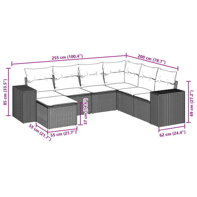 7 Piece Garden Sofa Set with Cushions Grey Poly Rattan