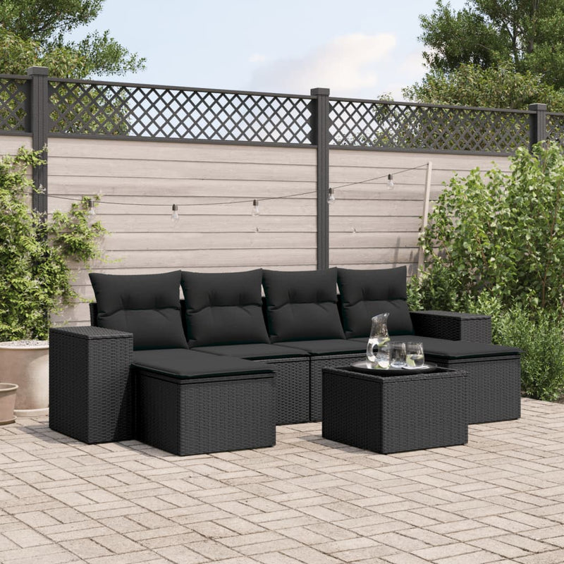 vidaXL 7 Piece Garden Sofa Set with Cushions Black Poly Rattan