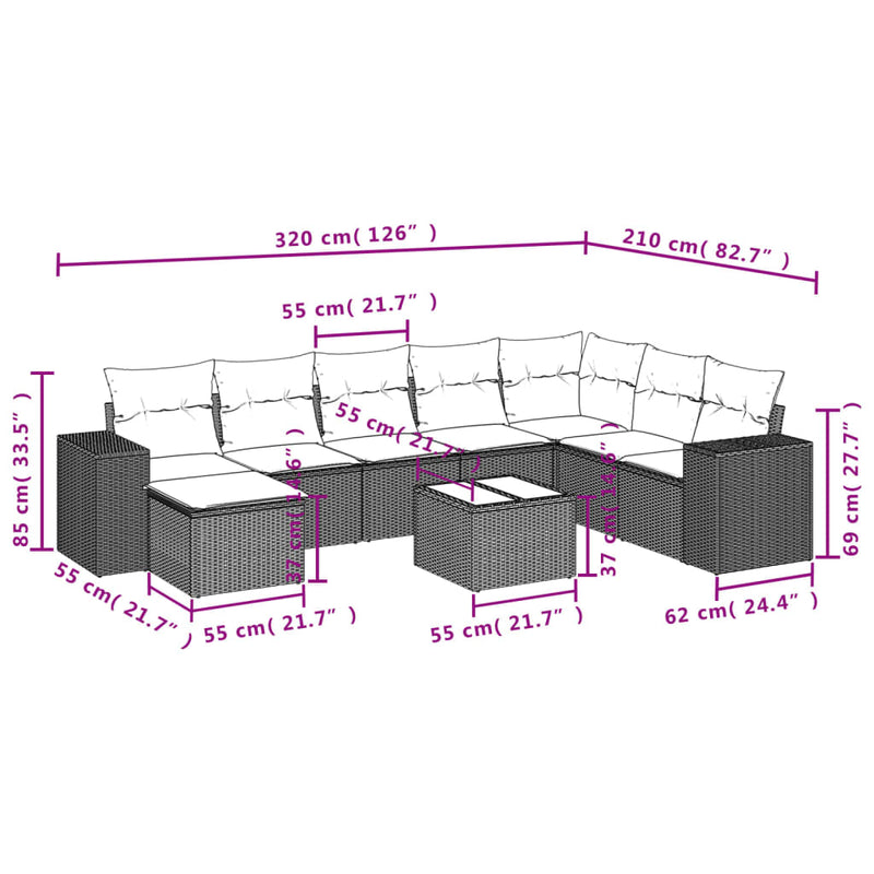 vidaXL 9 Piece Garden Sofa Set with Cushions Black Poly Rattan