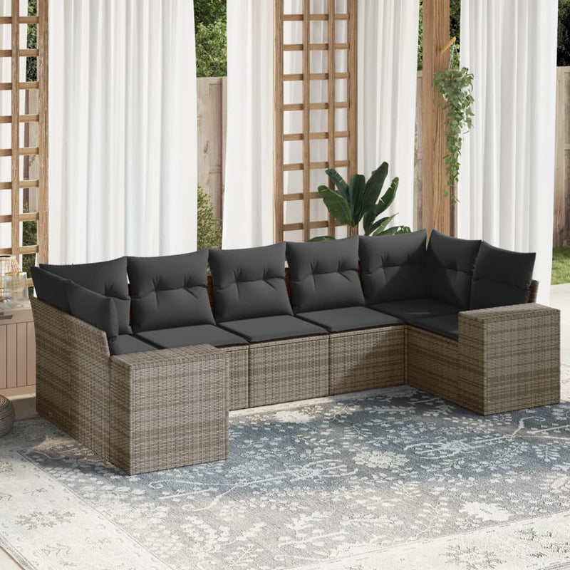 7 Piece Garden Sofa Set with Cushions Grey Poly Rattan