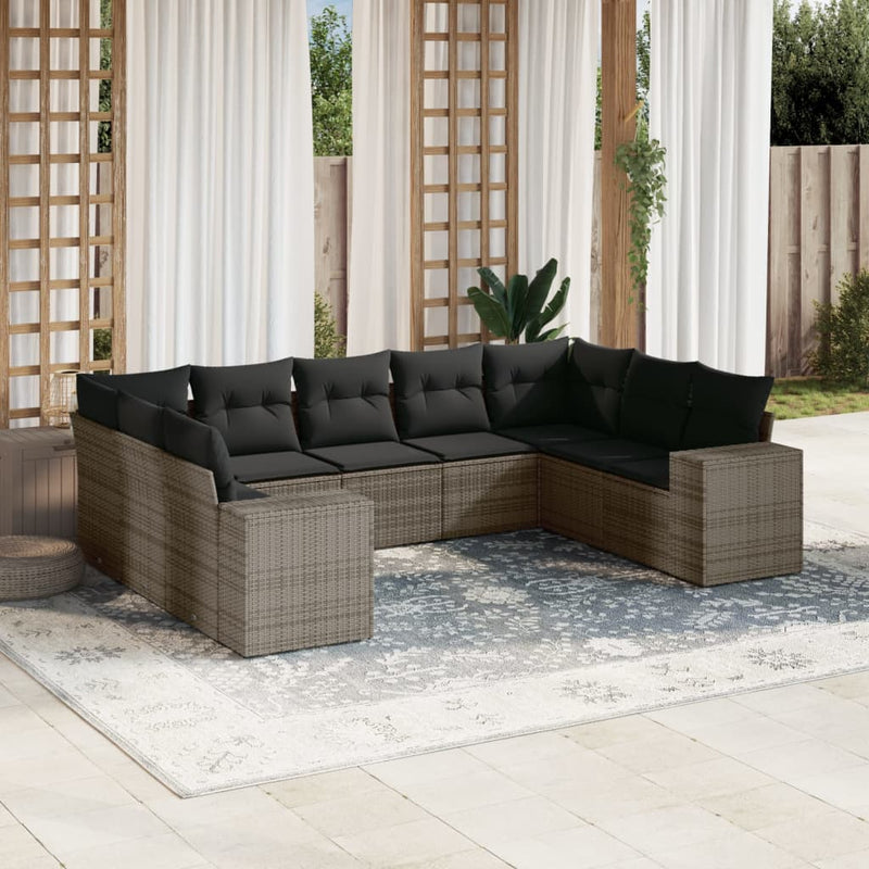 9 Piece Garden Sofa Set with Cushions Grey Poly Rattan