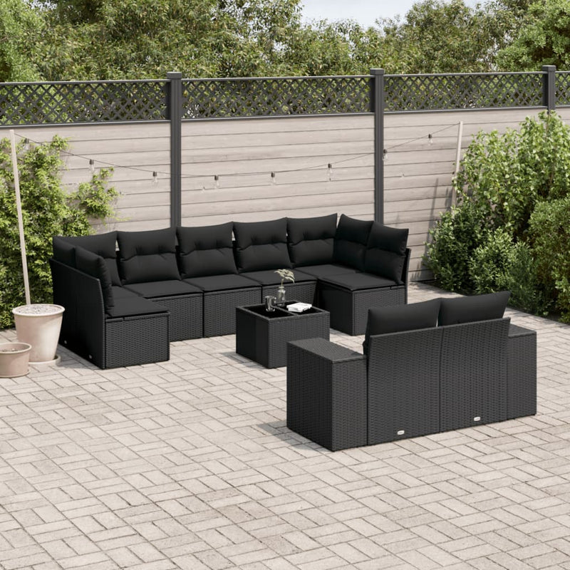 vidaXL 10 Piece Garden Sofa Set with Cushions Black Poly Rattan