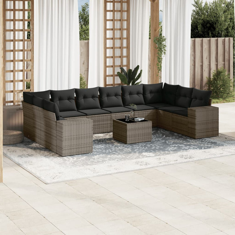 11 Piece Garden Sofa Set with Cushions Grey Poly Rattan