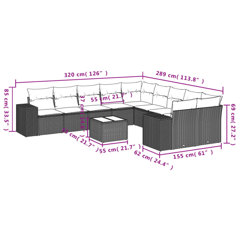 vidaXL 11 Piece Garden Sofa Set with Cushions Black Poly Rattan
